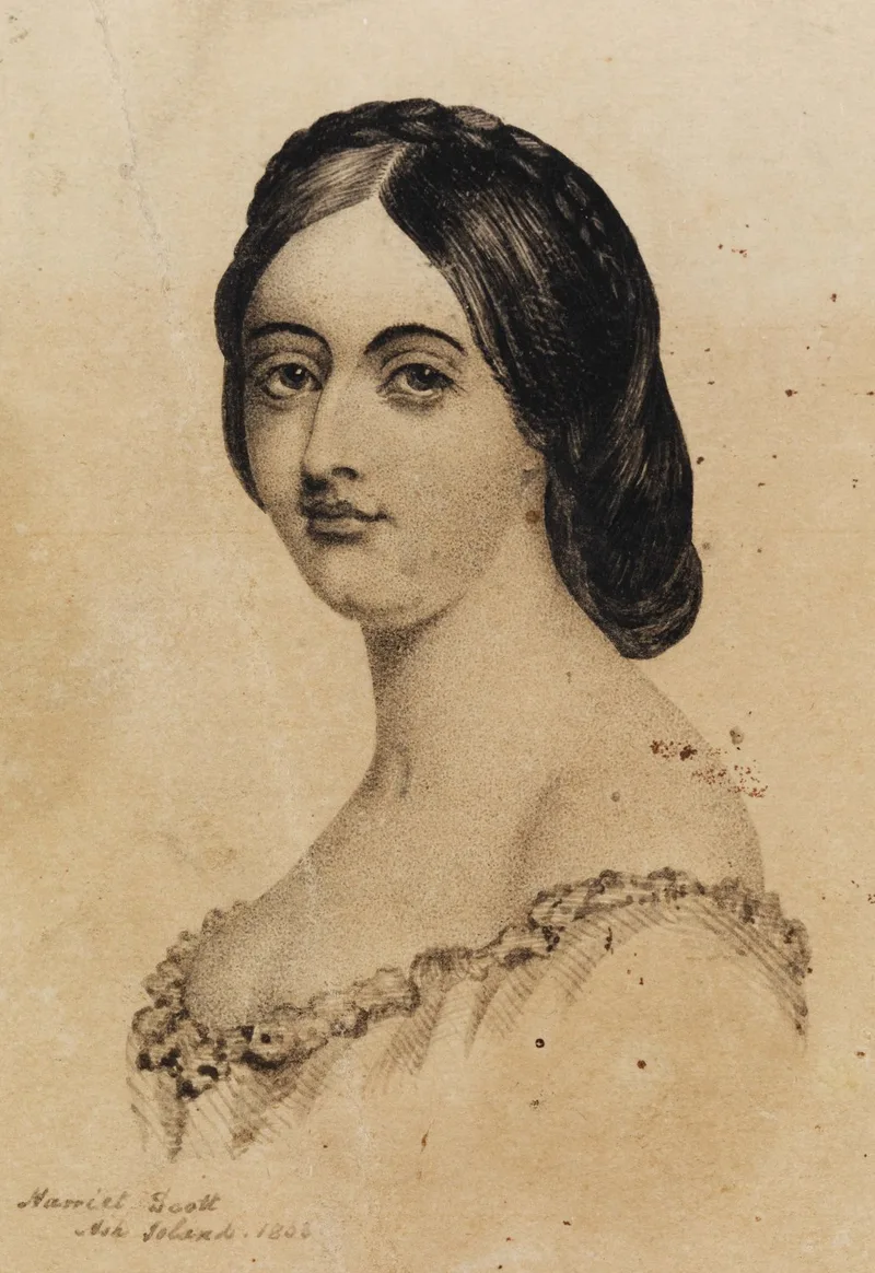Sepia portrait drawing of Harriet Scott with braided hair, inscribed Ash Island 1853