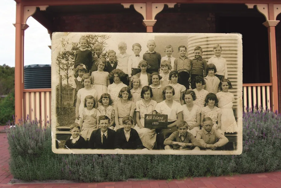 A 1933 Ash Island School class photograph composited over a modern photograph of the house verandah