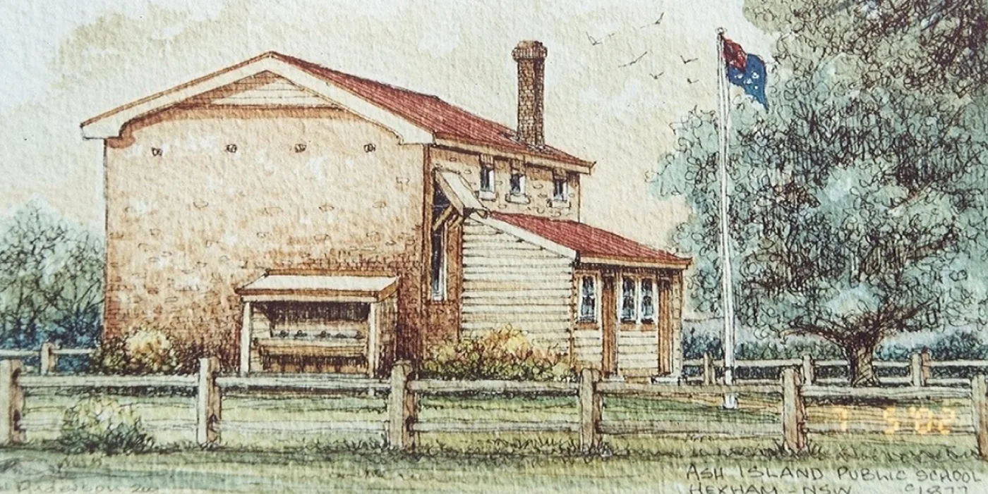 Watercolour of the Ash Island Public School building with its flagpole, inscribed Ash Island Public School Hexham NSW c.1877