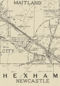 Fragment of an old parish map covering Hexham and Maitland Road