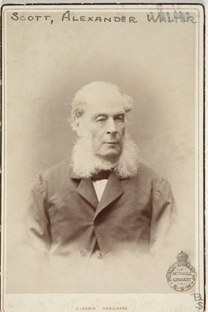 Studio portrait of Alexander Walker Scott, an elderly man with white side whiskers, stamped Mitchell Library