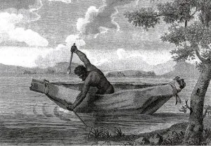 Engraving of a man poling a small boat, from Lieutenant Grant's Voyage of Discovery