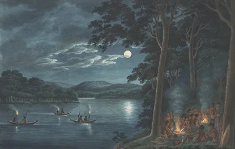 Joseph Lycett watercolour of Aboriginal people fishing from canoes by torchlight under a full moon