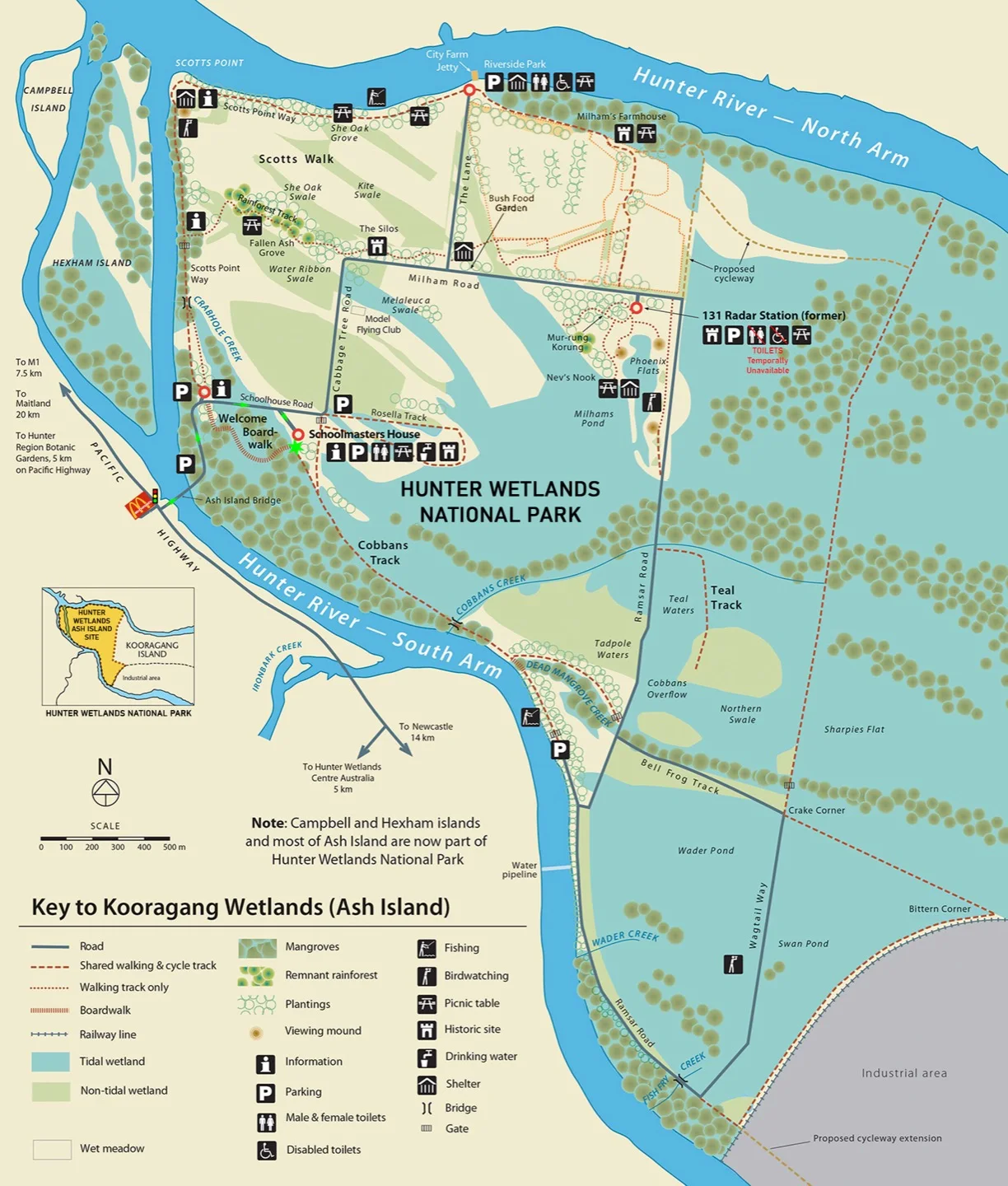 KWRP trail map of Kooragang Wetlands (Ash Island) showing roads, walking and cycle tracks, boardwalks and visitor facilities